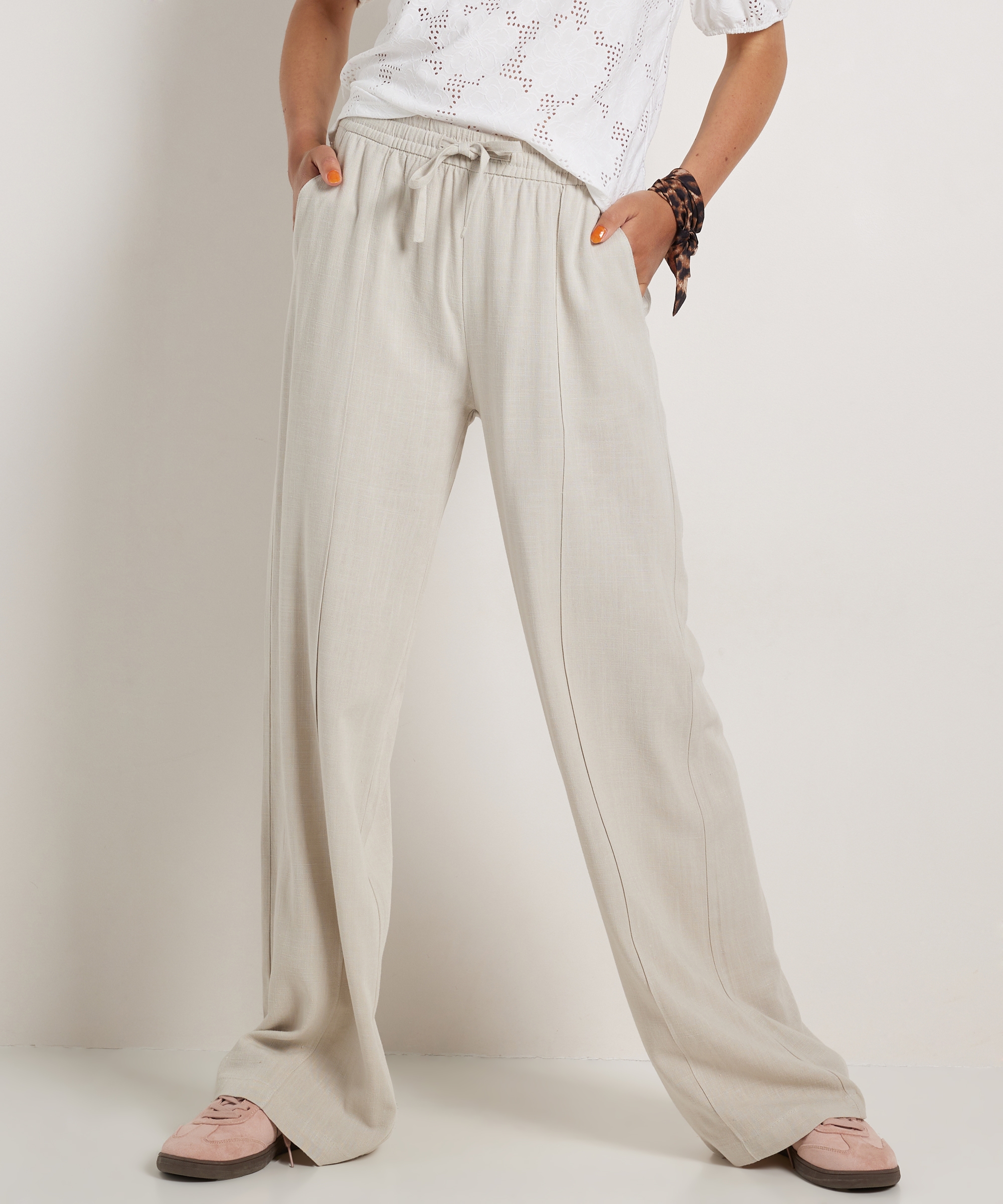 linnenlook wide fit broek met naad