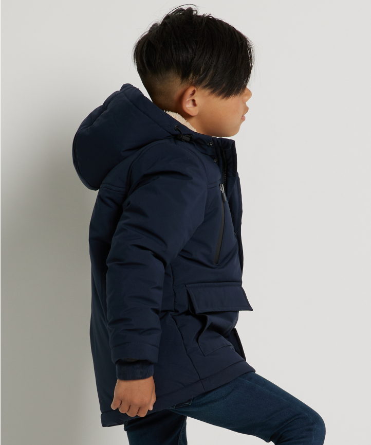 blauwe parka
