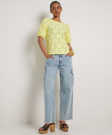 ajour t-shirt met pofmouw