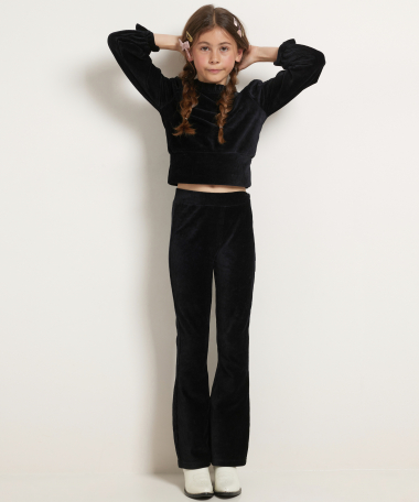 rib velvet top met pofmouwen
