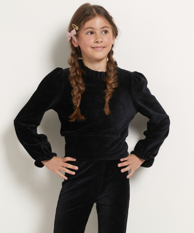 rib velvet top met pofmouwen