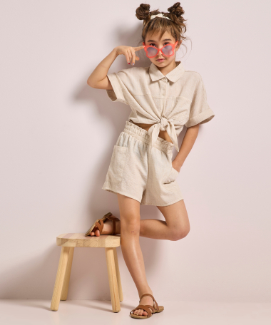 linnenlook korte blouse met knoop