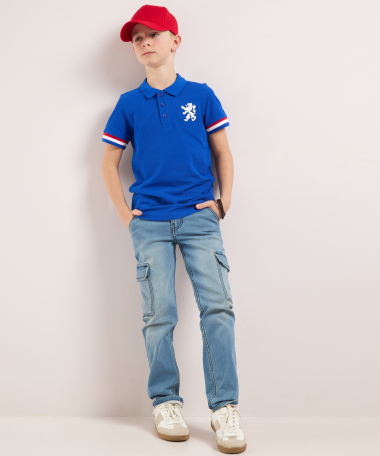 blauwe polo met borstprint