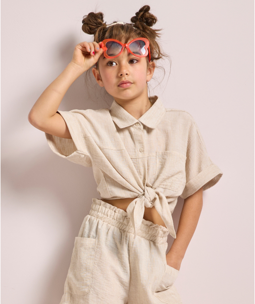 linnenlook korte blouse met knoop