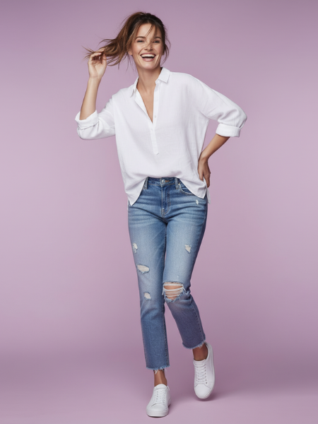 vrouw in een witte blouse op een lichte jeans