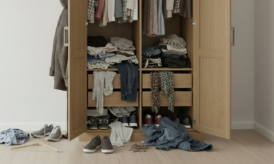 een rommelige kledingkast met kleding en schoenen overal